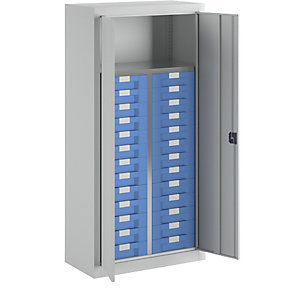 Material- und Schubladenschrank, 1 Fachboden, 26 Schubladen, lichtgrau RAL 7035.