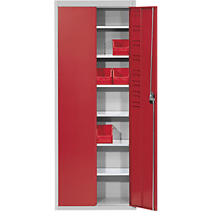 Magazinschrank, ohne Sichtlagerkästen, HxBxT 1740 x 680 x 280 mm, zweifarbig, Korpus grau, Türen rot.