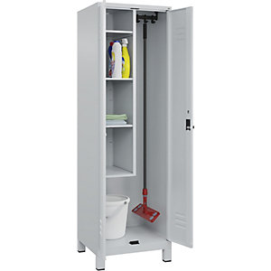 Putzmittelspind Classic PLUS, 1 Abteil, Trennwand mittig, verkürzt, lichtgrau, B 600 mm, mit Füßen, Drehriegel.