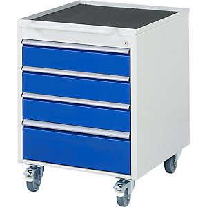 Rollcontainer, HxBxT 765 x 580 x 650 mm, 4 Schubladen, lichtgrau / enzianblau.