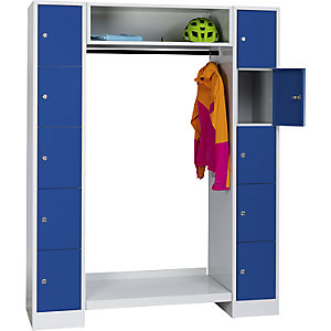 Schließfach-Garderobensystem Dresden, 2 Abteile, 1 Garderobe, B 1470 mm, lichtgrau / enzianblau.