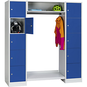 Schließfach-Garderobensystem Dresden, 2 Abteile, 1 Garderobe, B 1670 mm, lichtgrau / enzianblau.
