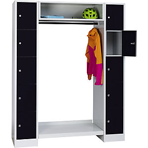 Schließfach-Garderobensystem Dresden, 2 Abteile, 1 Garderobe, B 1470 mm, lichtgrau / tiefschwarz.