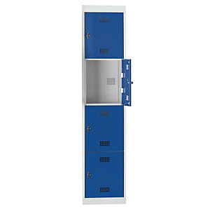 Putzmittelspind Hamburg, 4 Fächer, Höhe 410 mm, Breite 400 mm, Breite 400 mm, Anbauelement, lichtgrau / enzianblau.