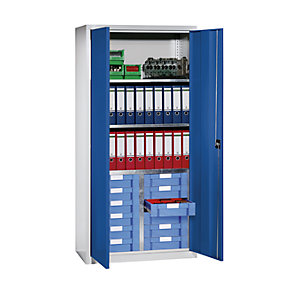 Material- und Schubladenschrank, 3 Fachböden, 12 Schubladen, lichtgrau RAL 7035 / enzianblau RAL 5010.