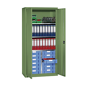 Material- und Schubladenschrank, 3 Fachböden, 12 Schubladen, resedagrün RAL 6011.