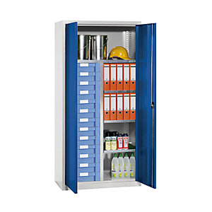 Material- und Schubladenschrank, 4 Fachböden, 13 Schubladen, lichtgrau RAL 7035 / enzianblau RAL 5010.