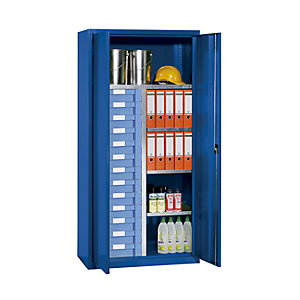 Material- und Schubladenschrank, 4 Fachböden, 13 Schubladen, enzianblau RAL 5010.