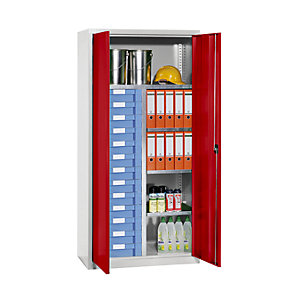 Material- und Schubladenschrank, 4 Fachböden, 13 Schubladen, lichtgrau RAL 7035 / verkehrsrot RAL 3020.