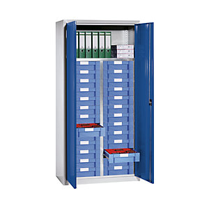Material- und Schubladenschrank, 1 Fachboden, 26 Schubladen, lichtgrau RAL 7035 / enzianblau RAL 5010.