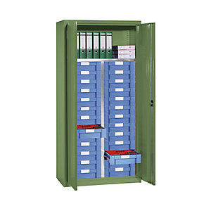 Material- und Schubladenschrank, 1 Fachboden, 26 Schubladen, resedagrün RAL 6011.