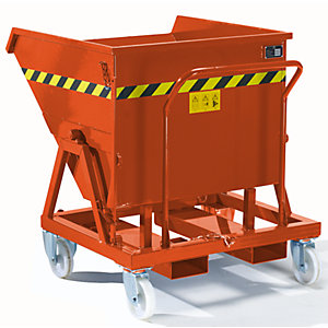 Mobiler Kippbehälter mit Klappmechanismus, mit Siebeinsatz, Traglast 1000 kg, Volumen 0,4 m³.