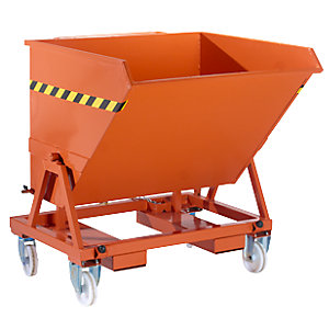 Mobiler Kippbehälter mit Klappmechanismus, mit Siebeinsatz, Traglast 1000 kg, Volumen 0,675 m³.