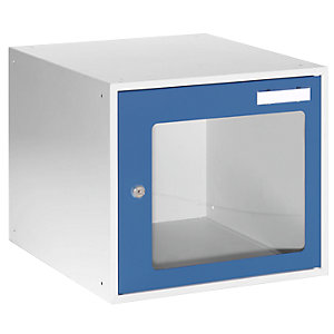 Schließfachwürfel, HxBxT 350 x 400 x 450 mm, Sichtfenstertür, lichtgrau / enzianblau.