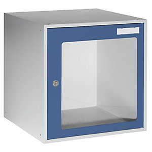 Schließfachwürfel, HxBxT 450 x 450 x 450 mm, Sichtfenstertür, lichtgrau / enzianblau.