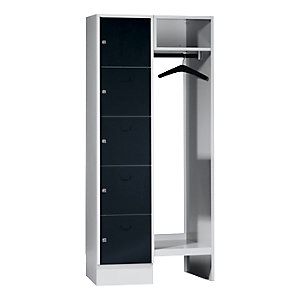 Schließfach-Garderobensystem Dresden, 5 Fächer, 1 Garderobe, B 850 mm, lichtgrau / tiefschwarz.
